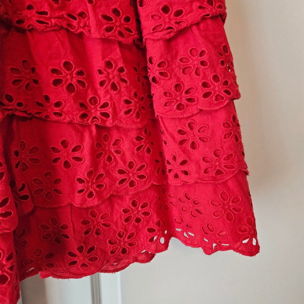 Show Me Your Mumu Lucy Mini Dress Large Cherry Eyelet Red Ruffle Tiered Cotton L - Picture 4 of 8